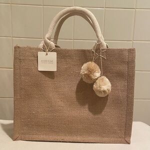 🩷Tan Jute Canvas Handmade Tote Bag with pompom by Korissa